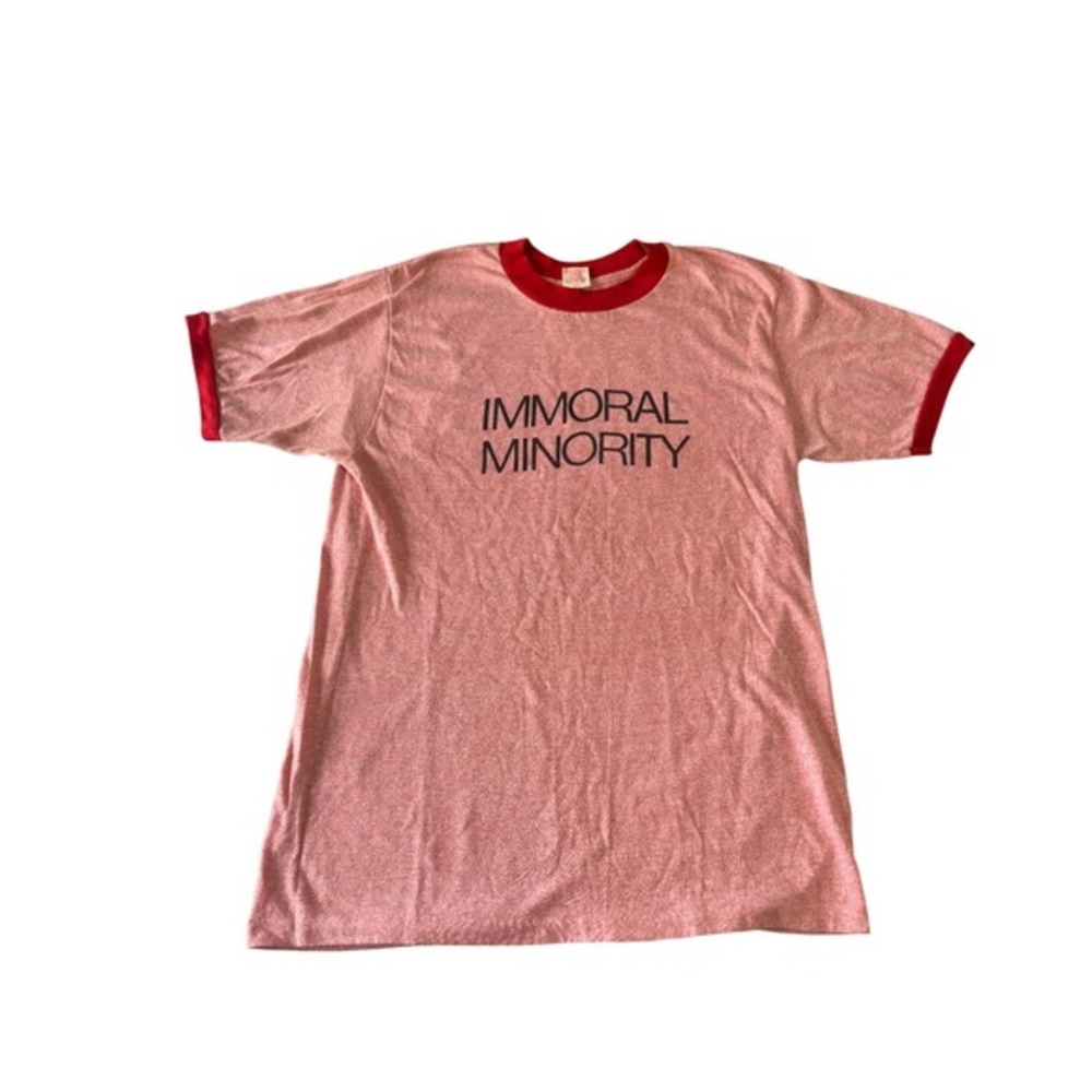 Vtg 80s Single Stitch Ringer Tee Immoral Minority T-Shirt Red Olympia LGBTQ+ KC